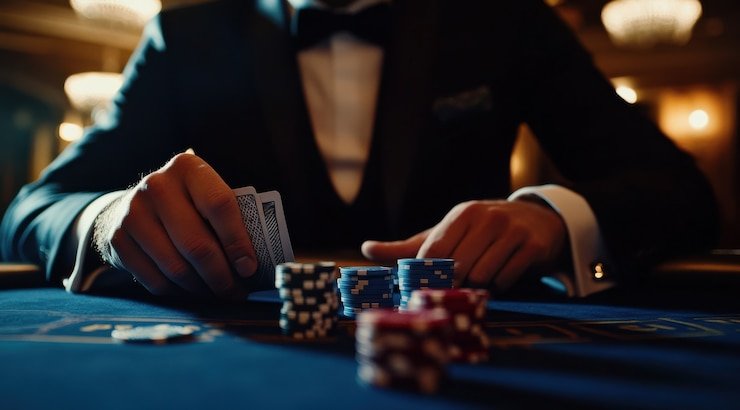 Dealer wanita menjalankan permainan kasino langsung di 7svip